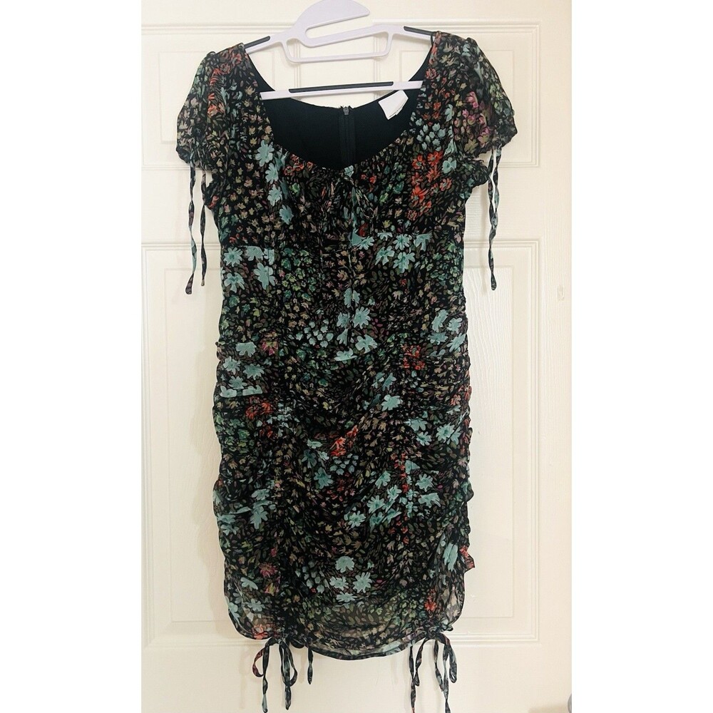 Skylar Madison Floral Ruched Mini Dress L Fits Medium Chiffon Drawstring Black